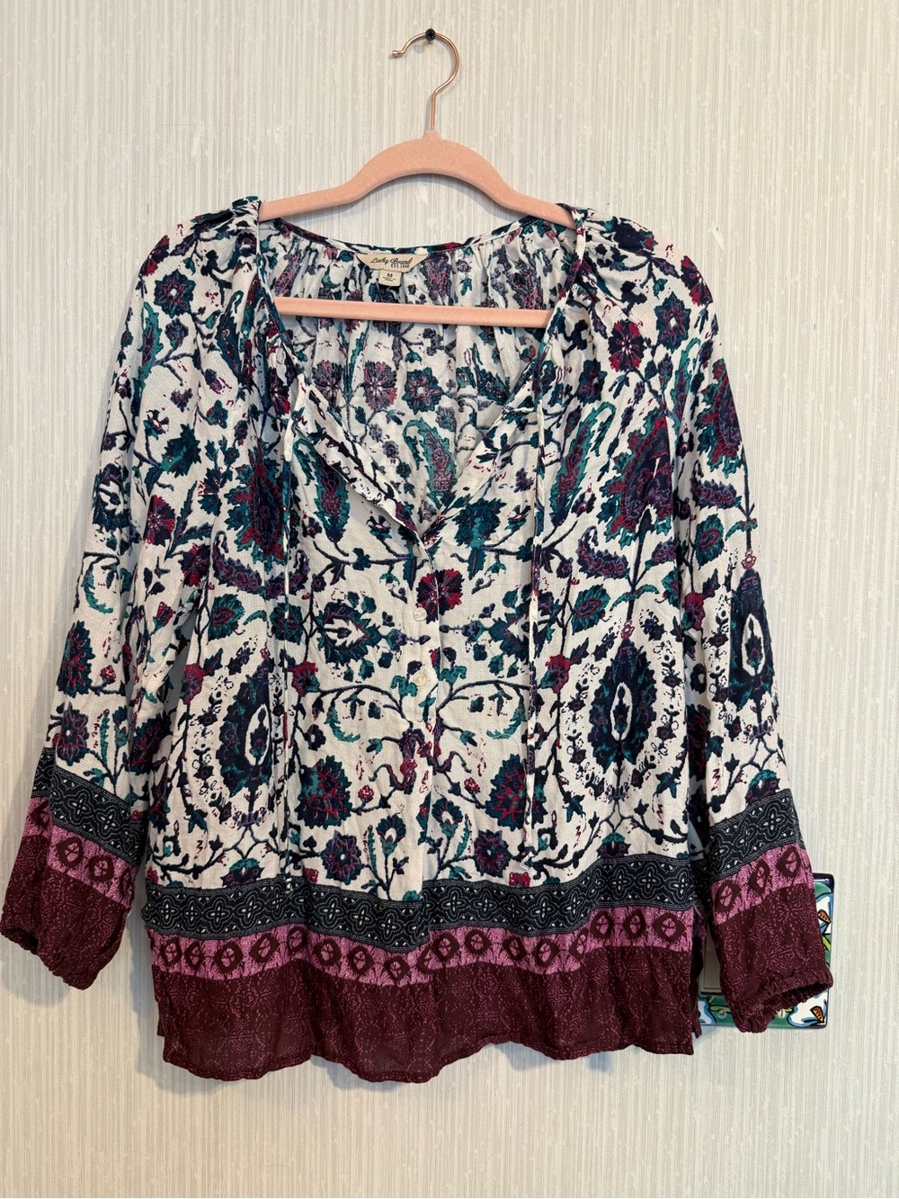 Lucky Brand White Floral Peasant Blouse with Teal & Burgundy Accents